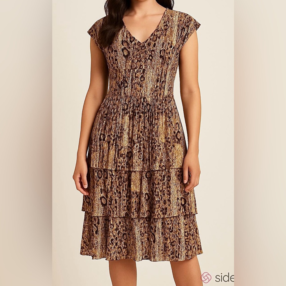 Animal Print Brown Tan Cap Sleeve Sheath Tiered Silky Dress One Size